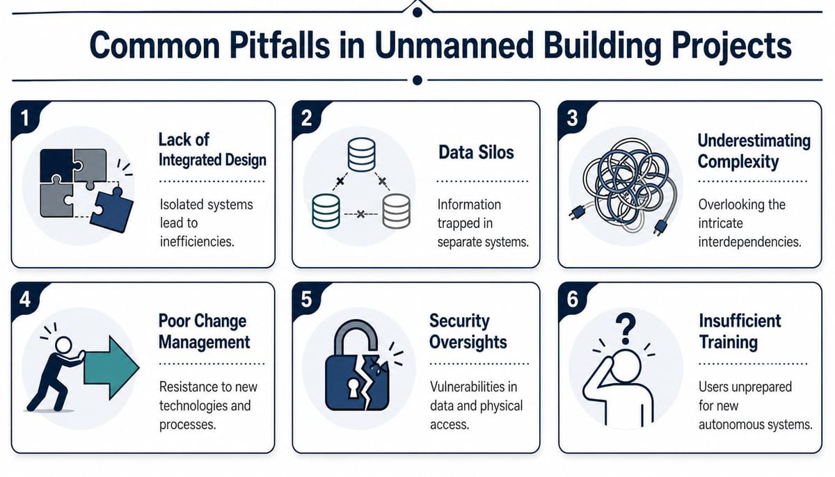 A diagram listing six common pitfalls in unmanned building projects including lack of integration and data silos.