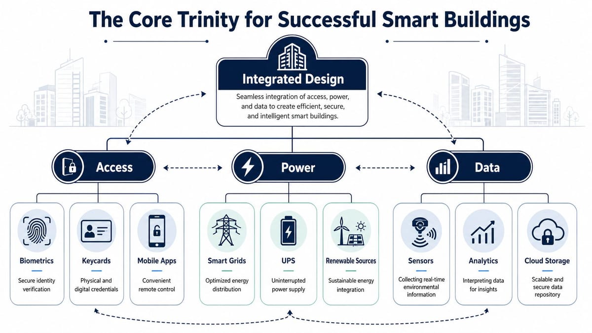 A diagram illustrating the core trinity for smart buildings consisting of access, power, and data systems.