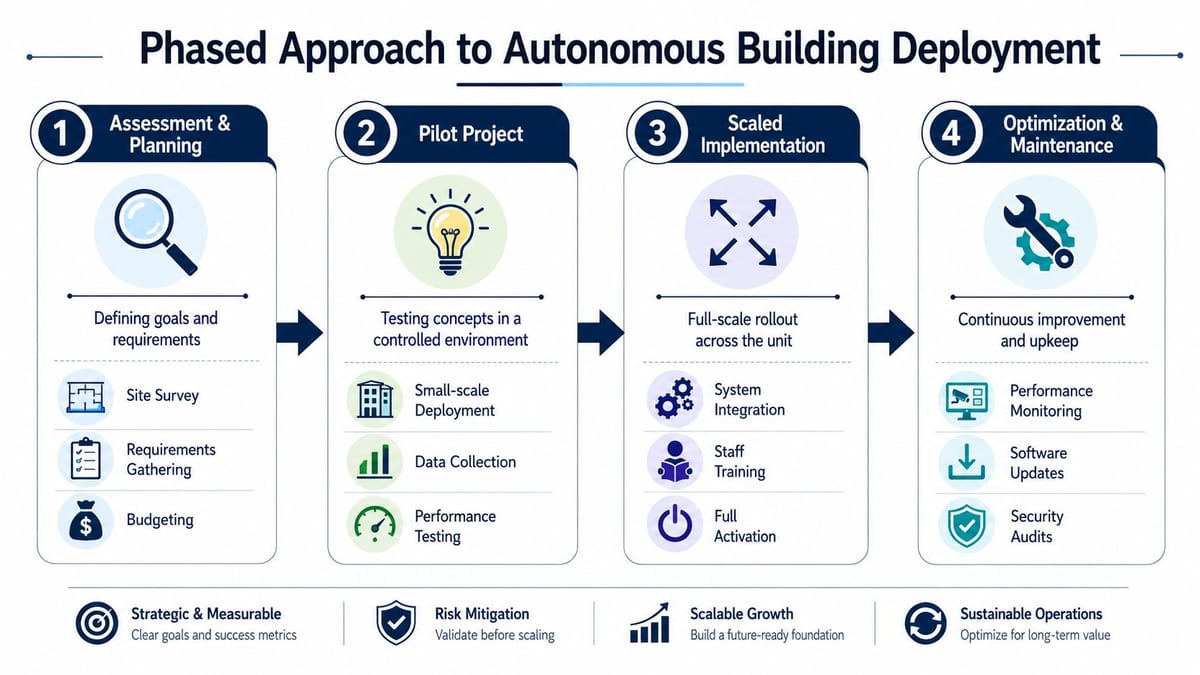 A four-stage phased approach diagram outlining the process of autonomous building deployment from planning to maintenance.