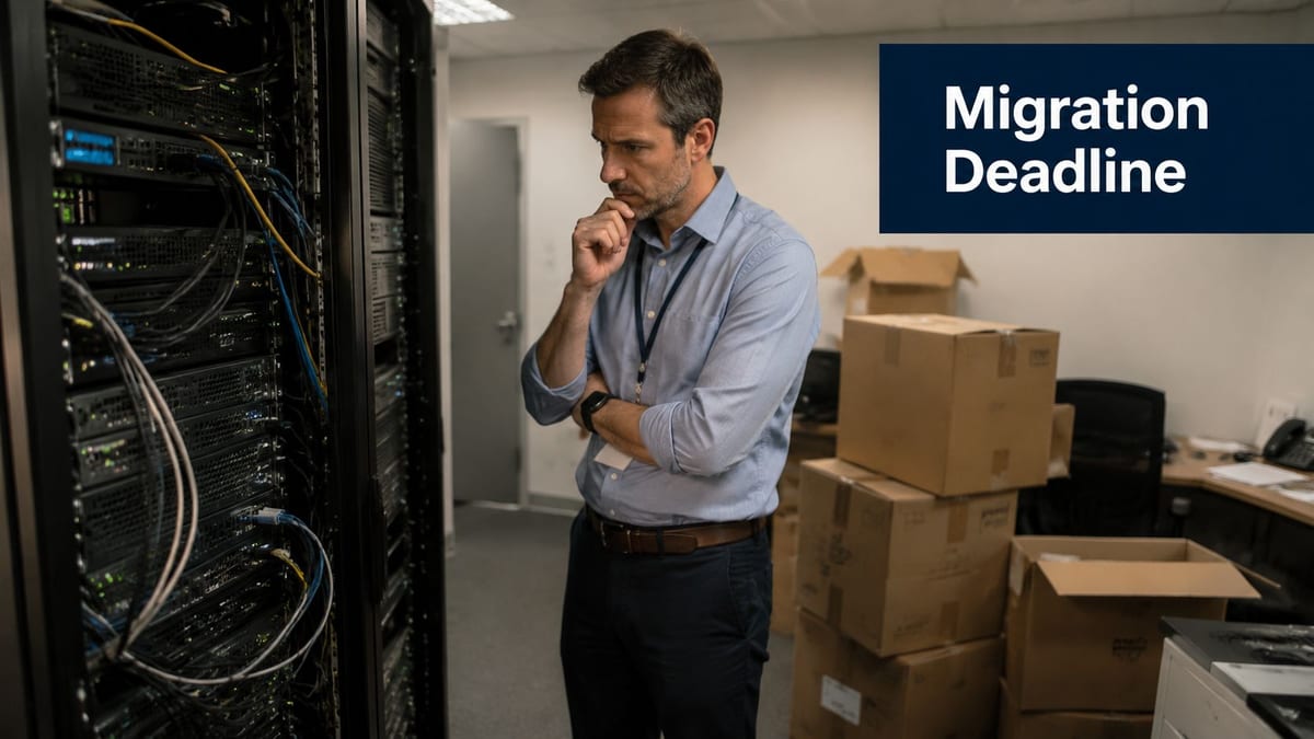 A professional man standing in a server room looking thoughtful next to cardboard moving boxes.