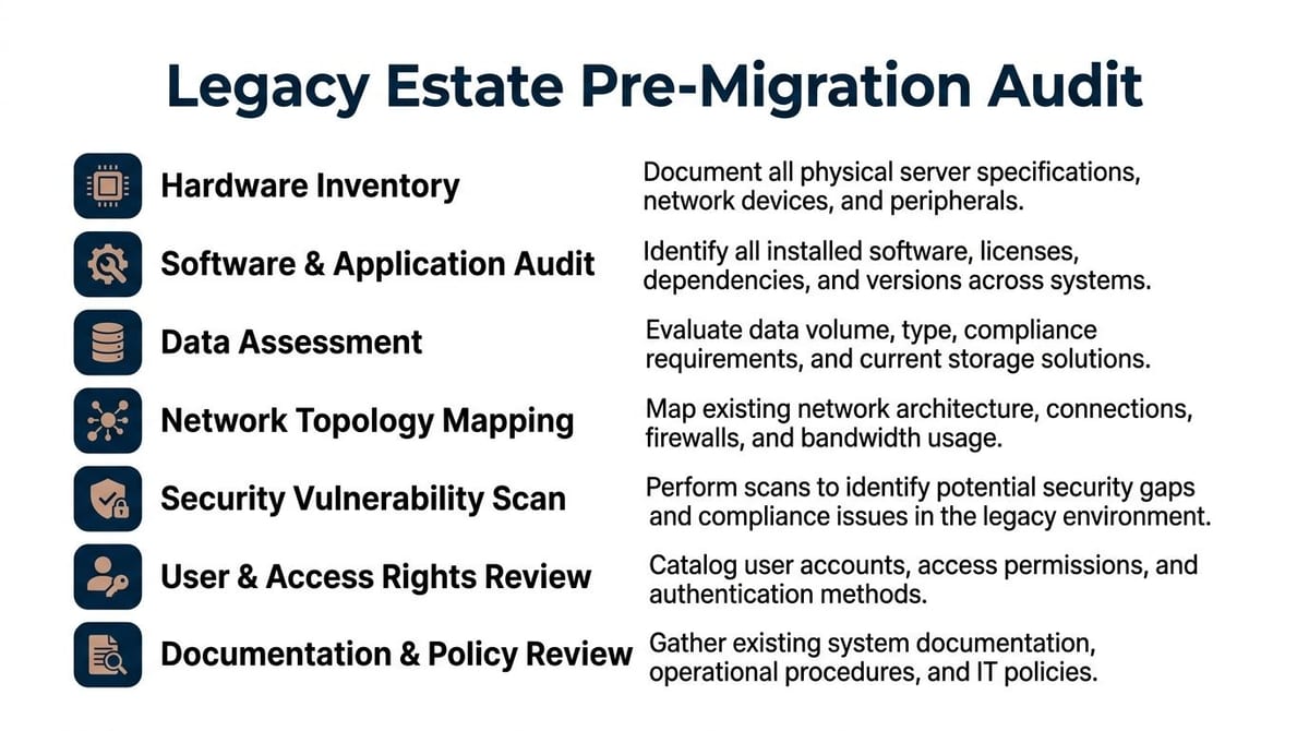 A checklist for a legacy estate pre-migration audit including hardware, software, data, network, and security assessments.