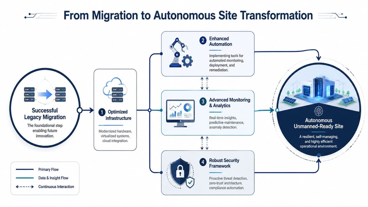 A diagram illustrating the transformation from legacy system migration to an autonomous, unmanned, and data-driven site operation.