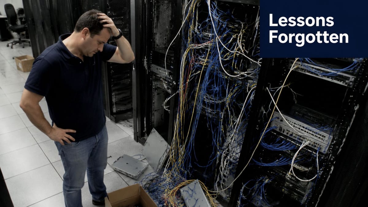 A stressed IT technician looking at a messy server rack full of tangled computer network cables.