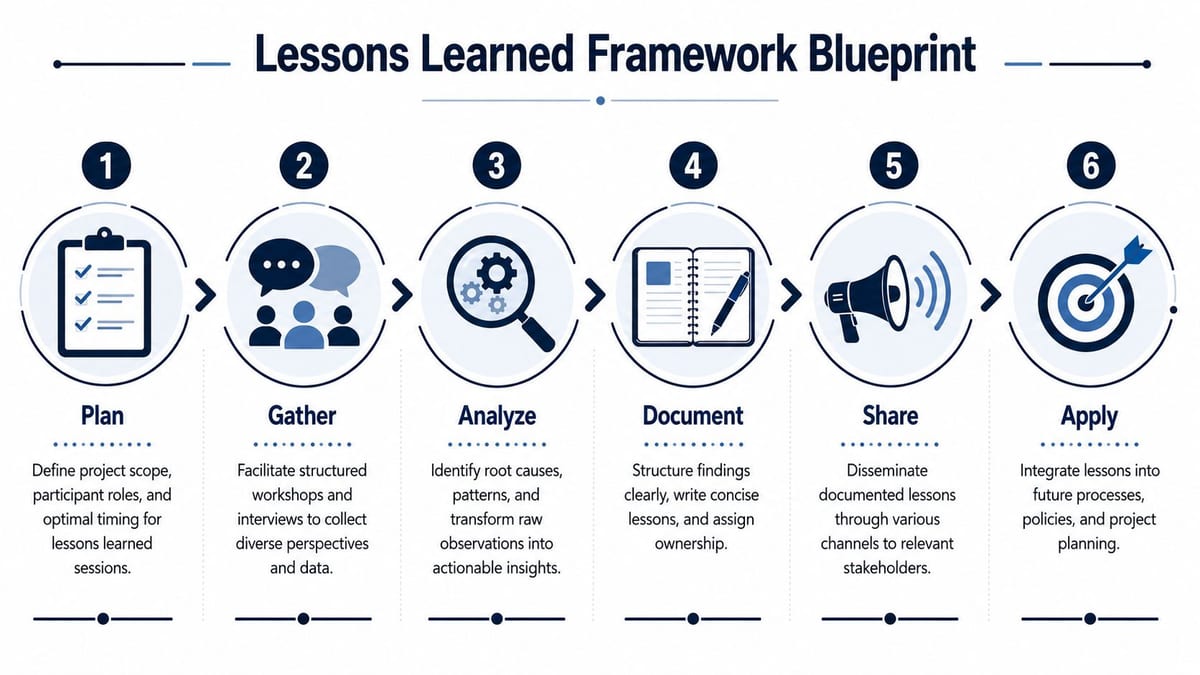 A six-step infographic illustrating a lessons learned framework blueprint with icons for planning, gathering, and applying knowledge.