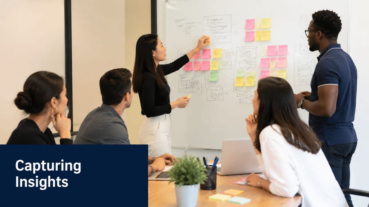 A professional team collaborating on a strategy project using sticky notes on a whiteboard in an office.