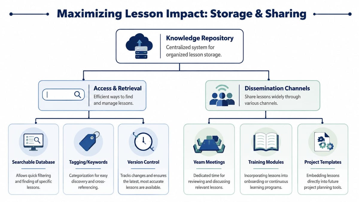 A diagram illustrating strategies for maximizing lesson impact through a centralized knowledge repository, access, and dissemination channels.