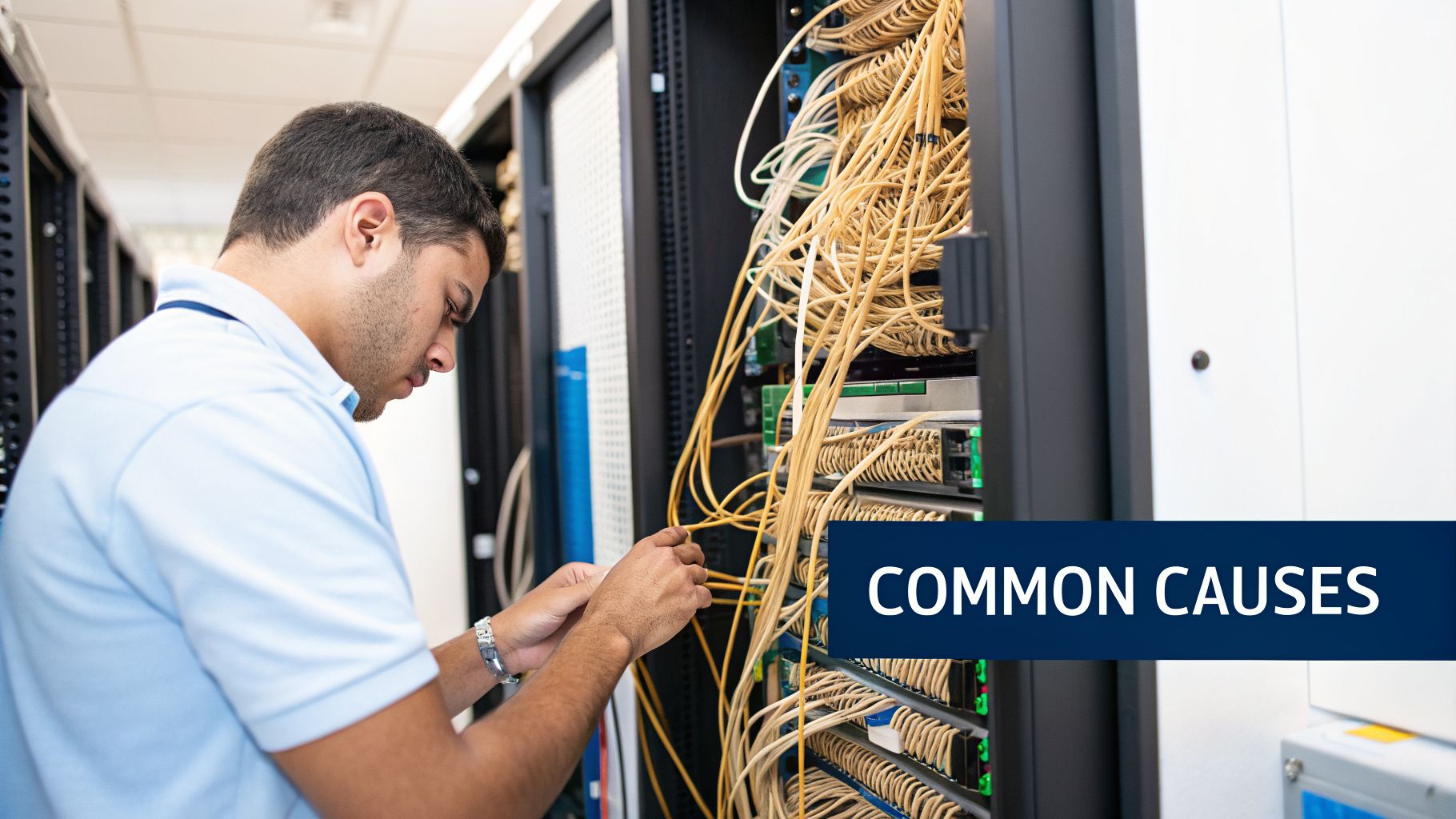 An IT technician works on tangled yellow network cables in a server rack, managing data center infrastructure.