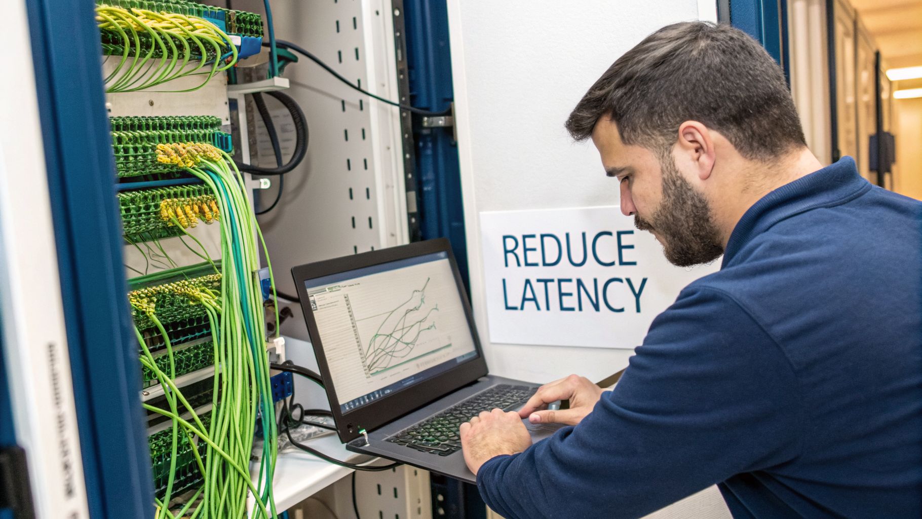 Man in a data center with network cables, using a laptop to monitor performance.