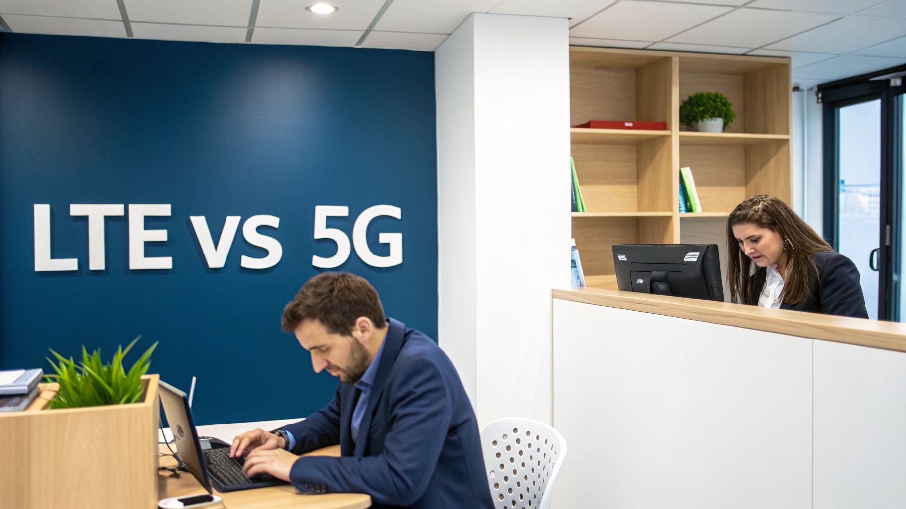 Two people working in a modern office with a prominent 'LTE VS 5G' sign.