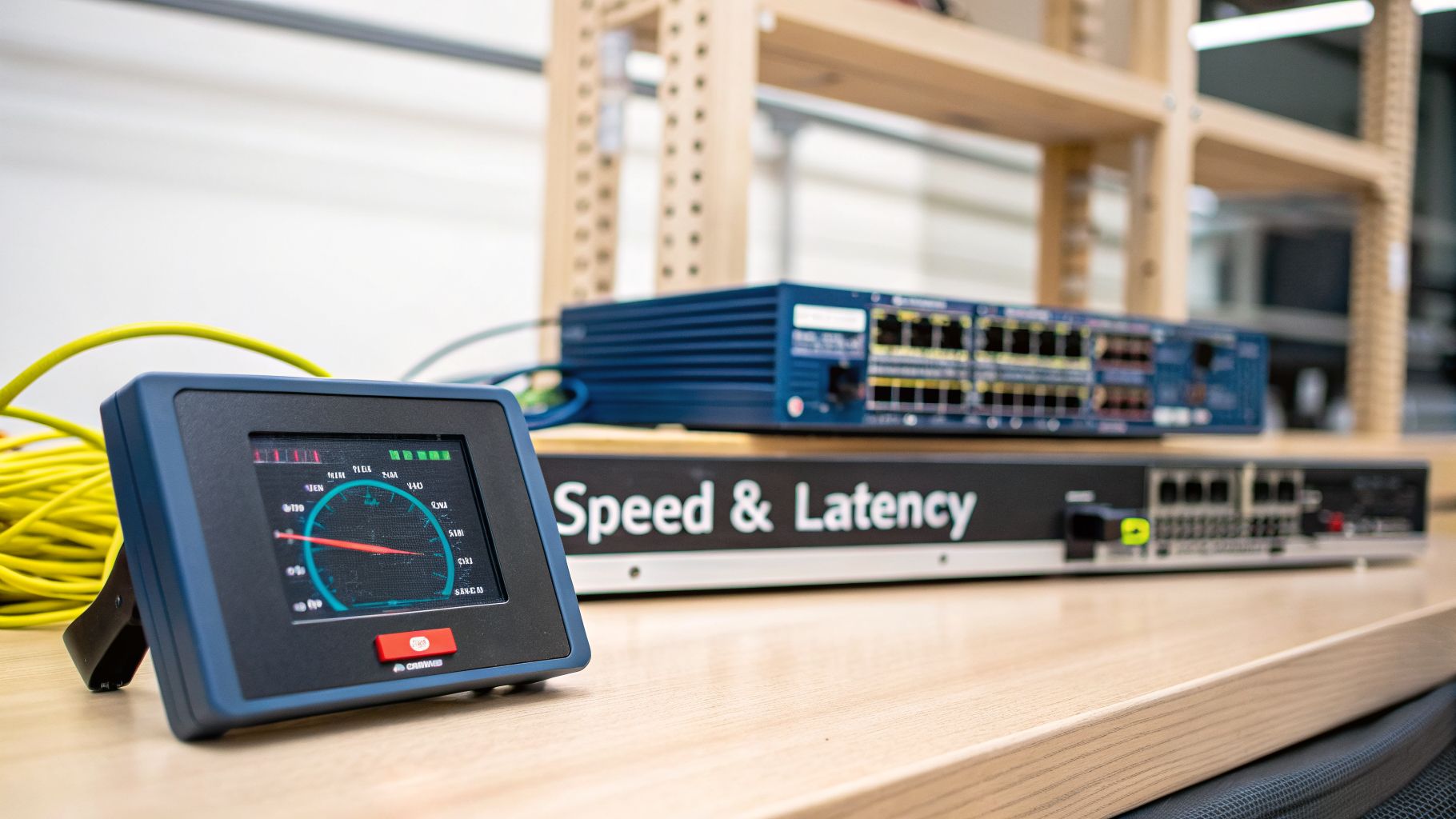 A network testing device with a dial display showing speed and latency on a wooden desk with networking equipment.