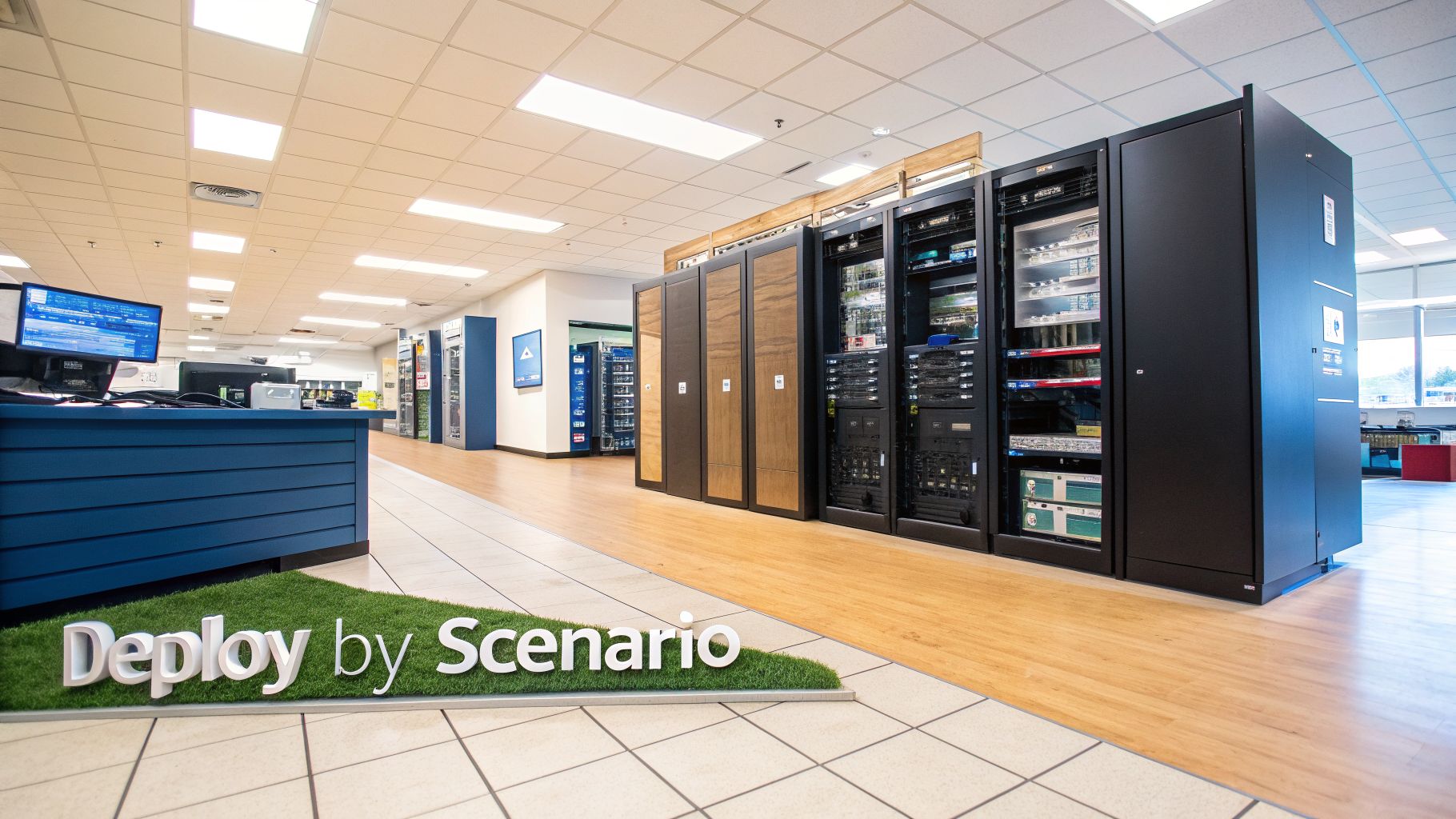 Modern data center with rows of server racks, a blue reception desk, and a 'Deploy by Scenario' sign.