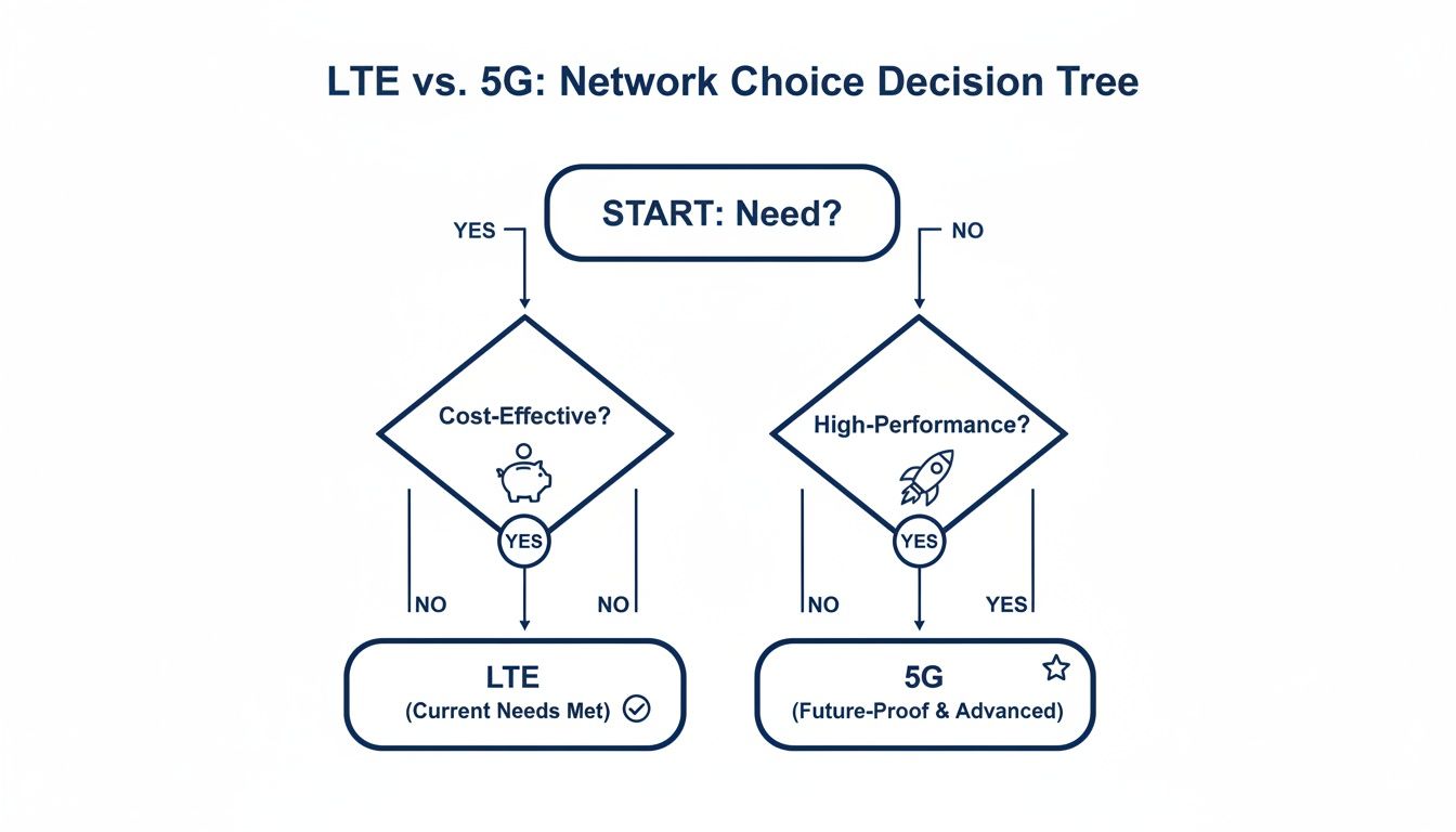 Decision tree for choosing between LTE and 5G networks, considering cost-effectiveness and high-performance.