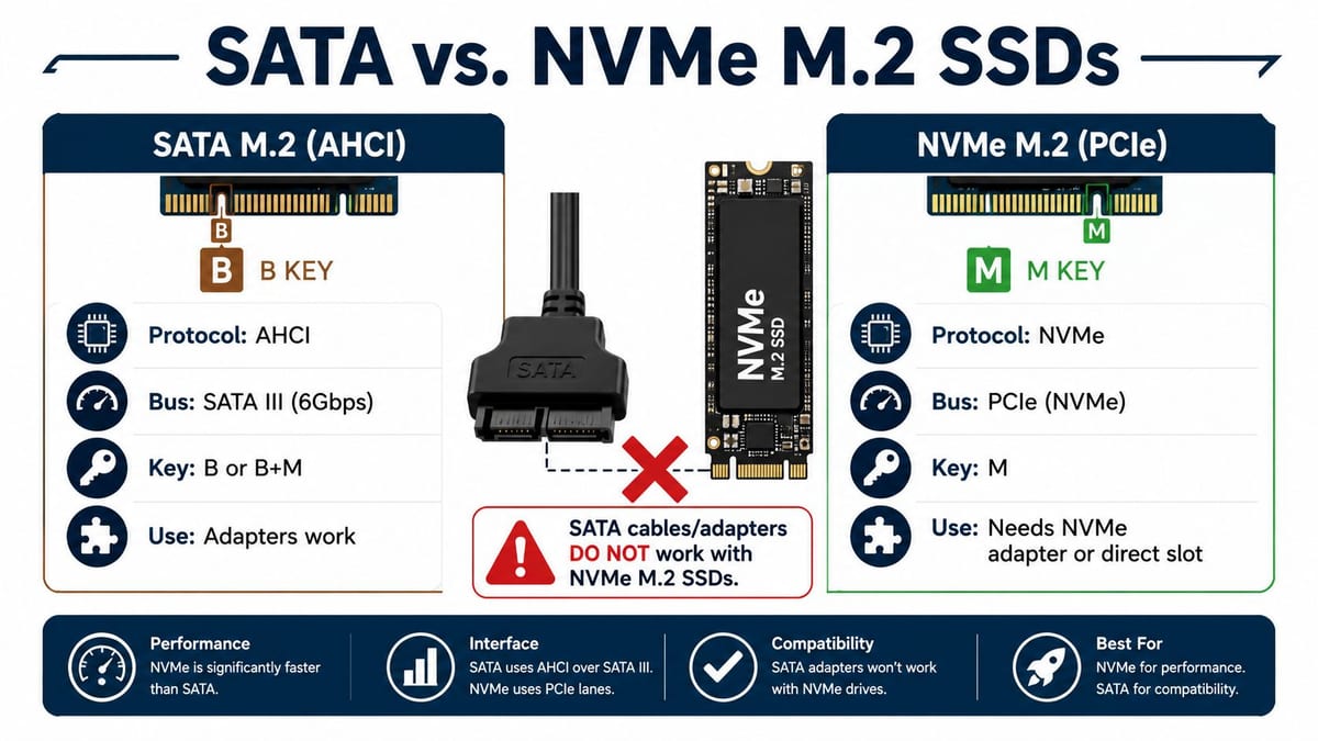 Comparison infographic showing the technical differences between SATA and NVMe M.2 SSD hardware interfaces and compatibility.