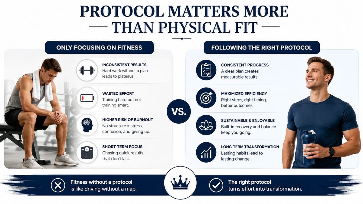 A comparison chart showing the benefits of following a structured fitness protocol versus just working out randomly.
