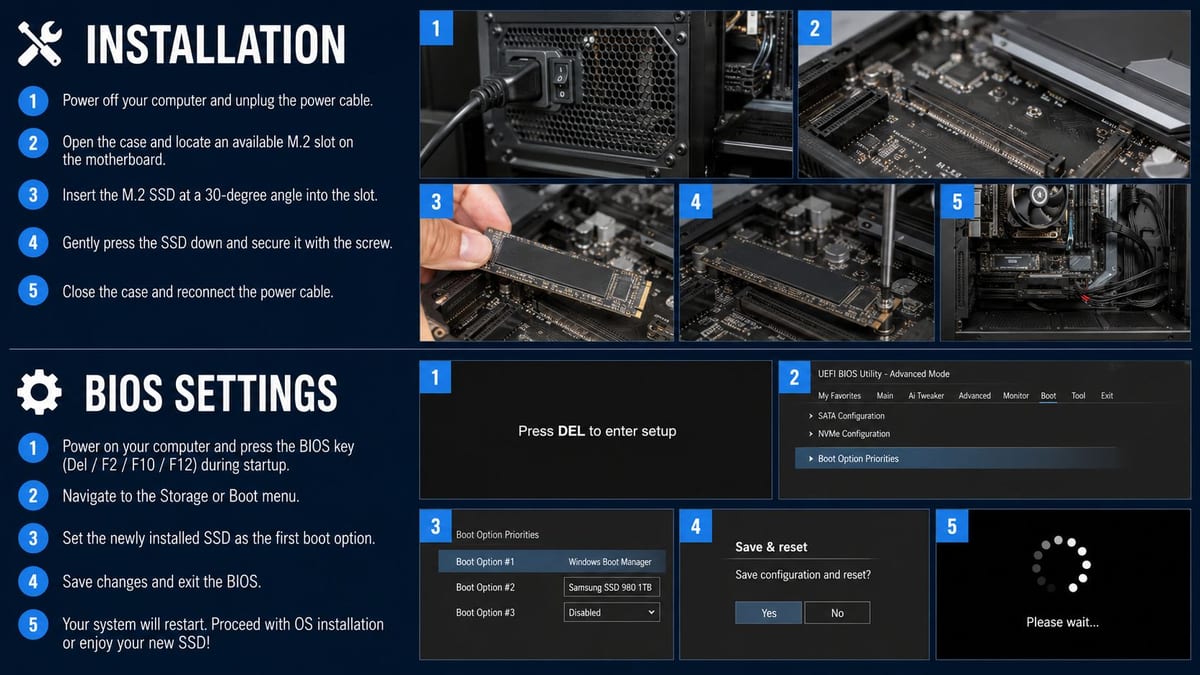 A visual guide showing step-by-step instructions for installing an M.2 SSD and configuring BIOS settings on a computer.