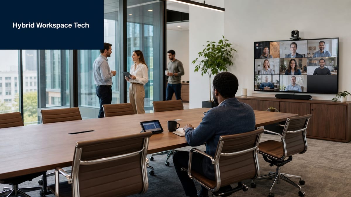 A professional hybrid meeting room with a man attending a video conference while colleagues talk nearby.