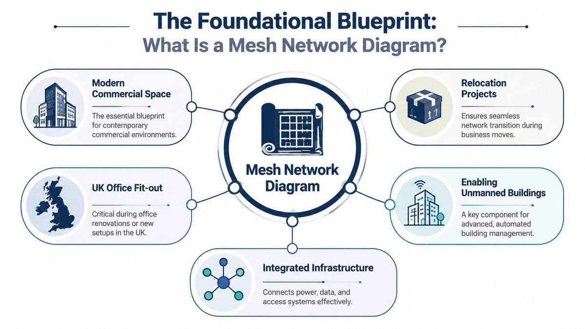 A diagram illustrating the importance and various applications of a mesh network diagram in commercial environments.