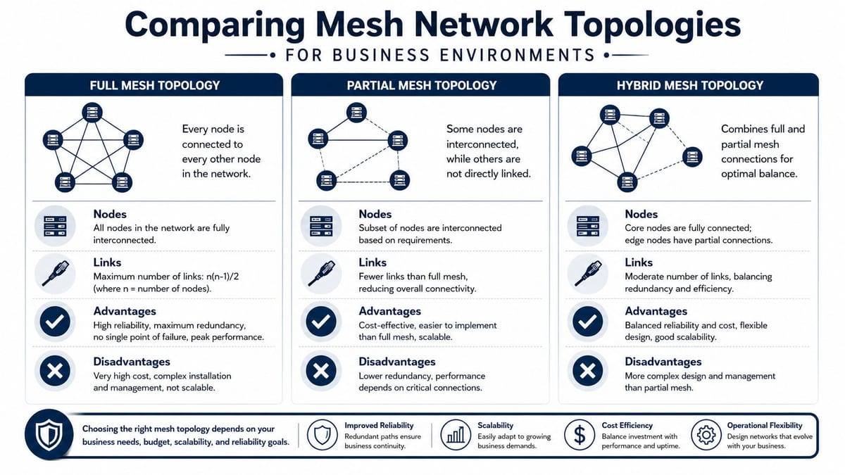 A comparison chart showing Full, Partial, and Hybrid mesh network topologies with their nodes, links, and pros/cons.