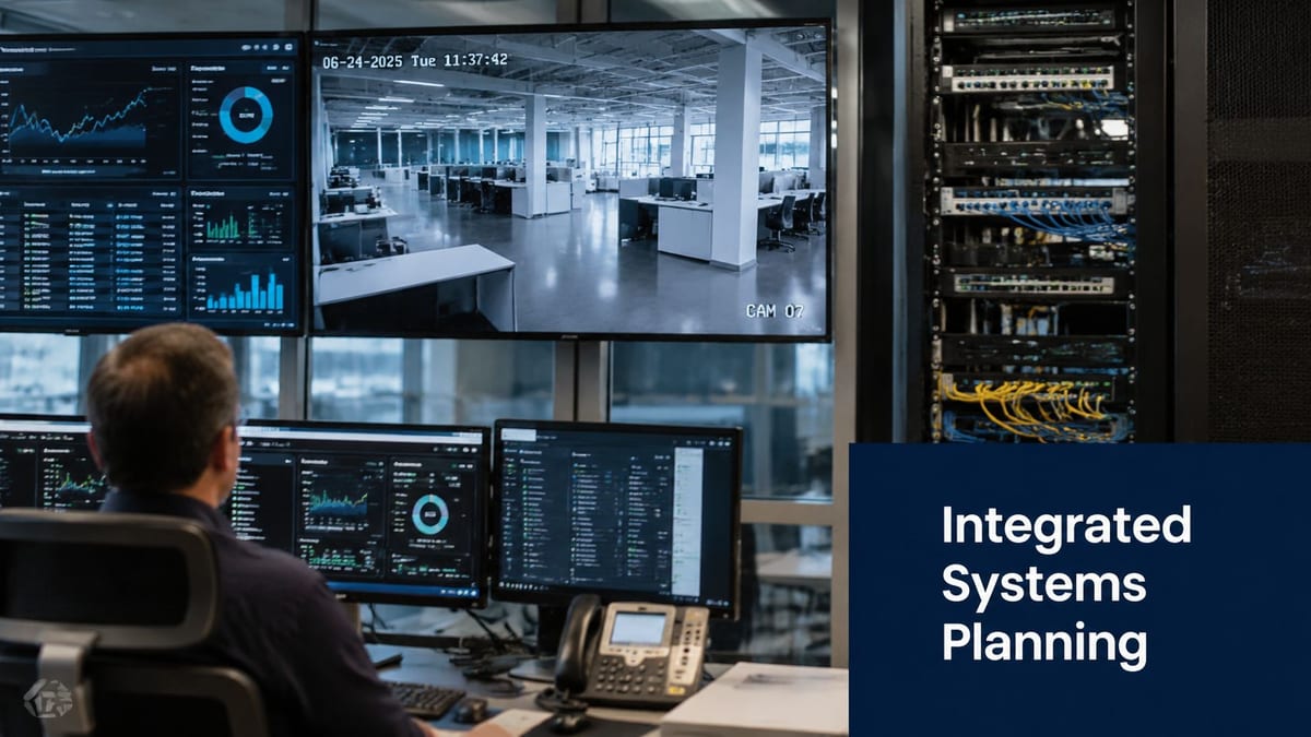A systems technician monitoring multiple server dashboards and office security camera feeds in a modern control room.