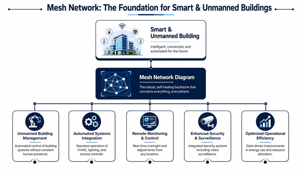 A diagram illustrating how a mesh network acts as the foundation for smart and unmanned buildings.