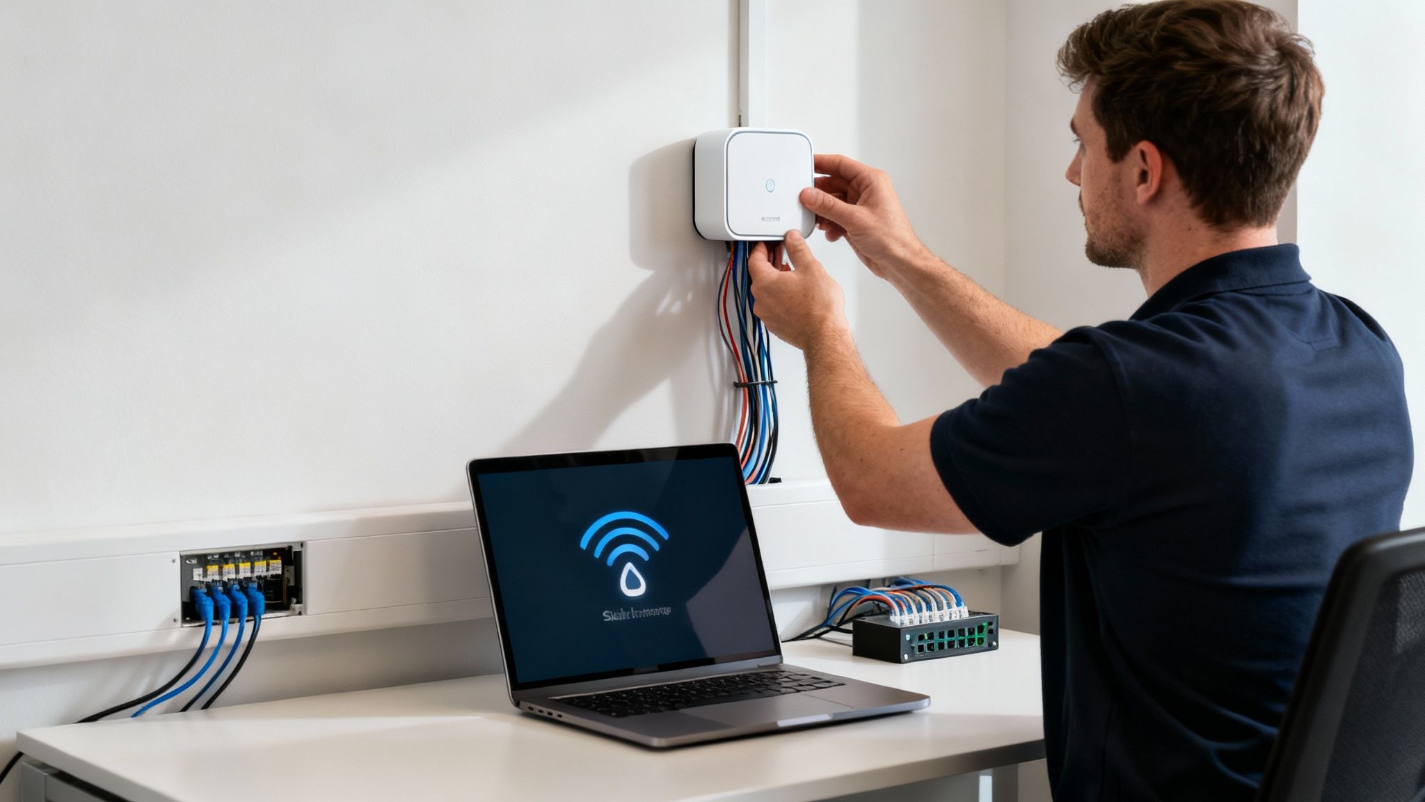 A man installing a smart home device connected to wires, with a laptop displaying a Wi-Fi icon.