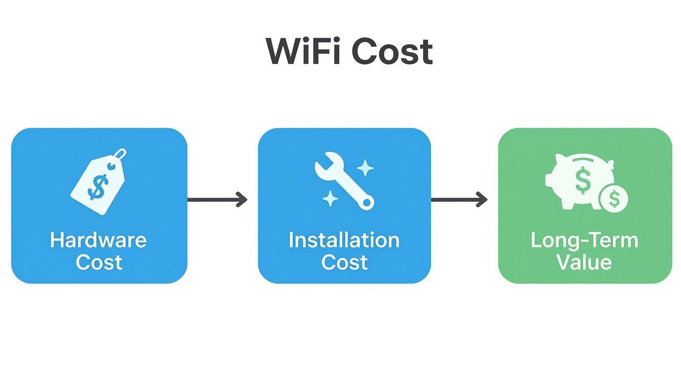 Flowchart showing WiFi cost breakdown: hardware, installation, and long-term value, with corresponding icons.