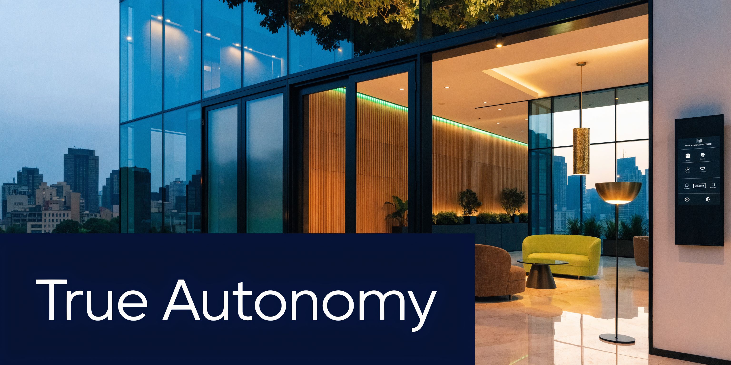 A modern luxury apartment lobby with floor to ceiling glass walls overlooking a cityscape at dusk.