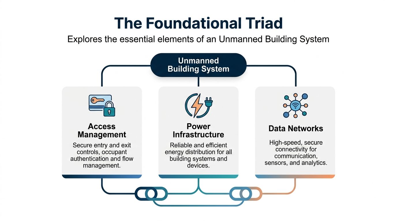 A diagram illustrating the three essential pillars of an Unmanned Building System: Access Management, Power Infrastructure, and Data Networks.