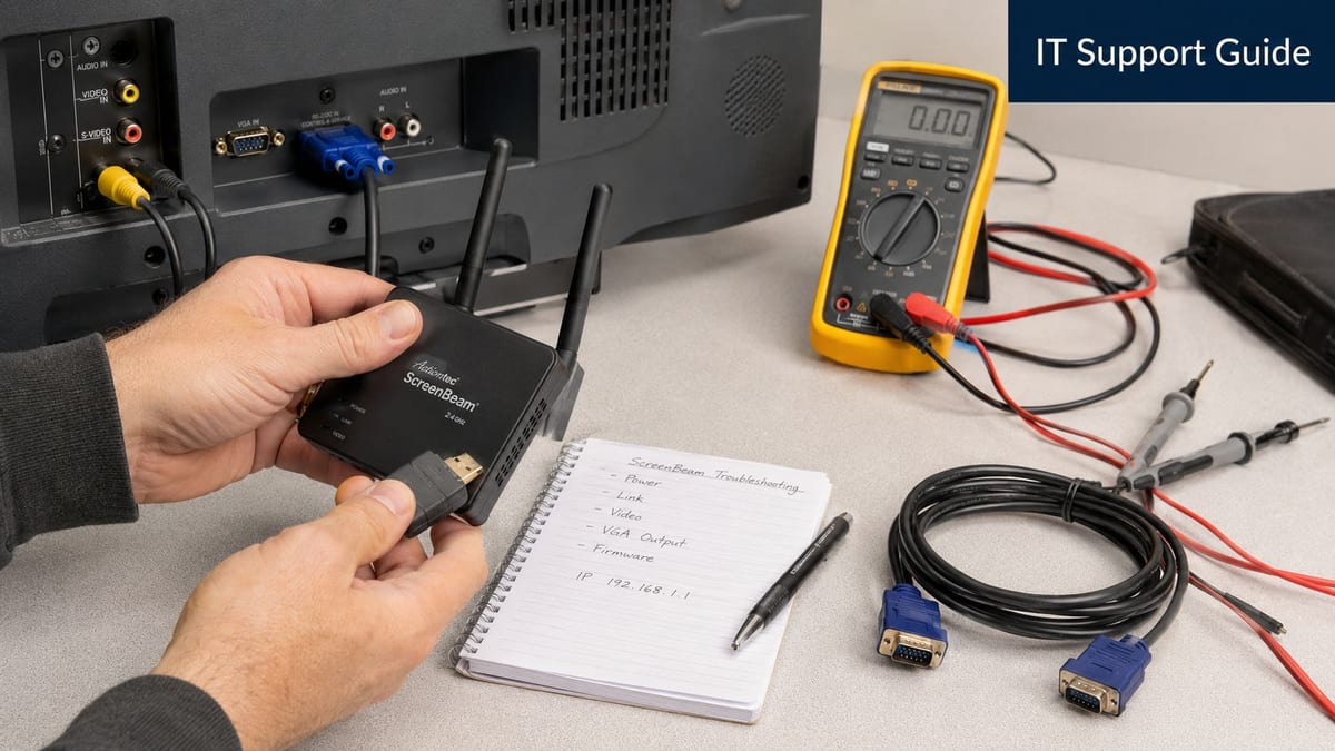 A technician testing and troubleshooting an Actiontec ScreenBeam wireless display adapter with a digital multimeter.