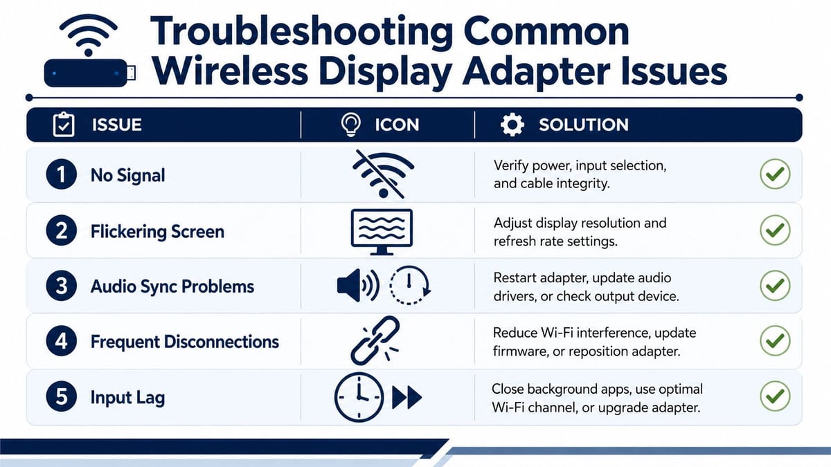 A troubleshooting guide table for wireless display adapters illustrating common issues like signal loss and lag with solutions.