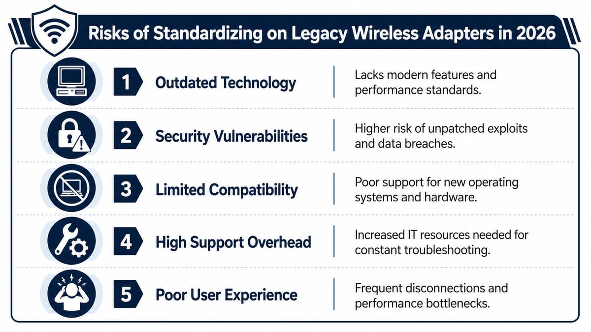 A list of five major risks associated with using legacy wireless adapters in an office environment in 2026.