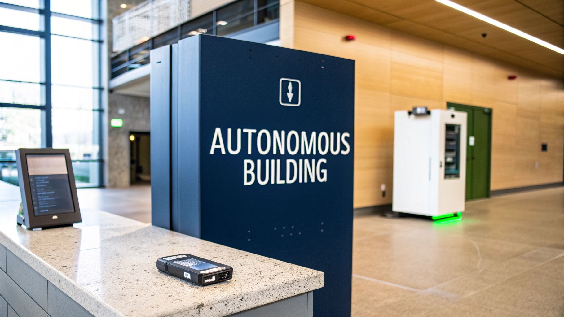 A modern lobby features an 'Autonomous Building' sign, a robot, and a check-in counter.
