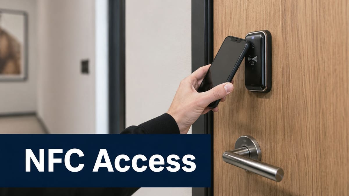 A person uses their smartphone to unlock a secure office door using near-field communication technology.
