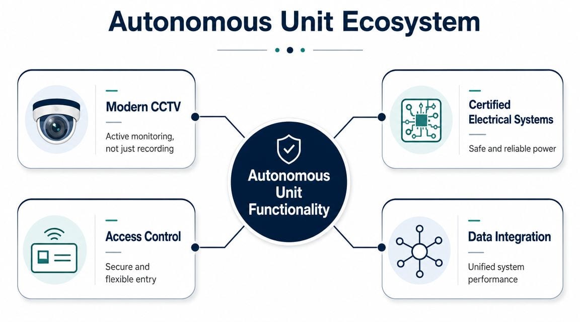 A diagram illustrating the Autonomous Unit Ecosystem with CCTV, electrical systems, access control, and data integration.