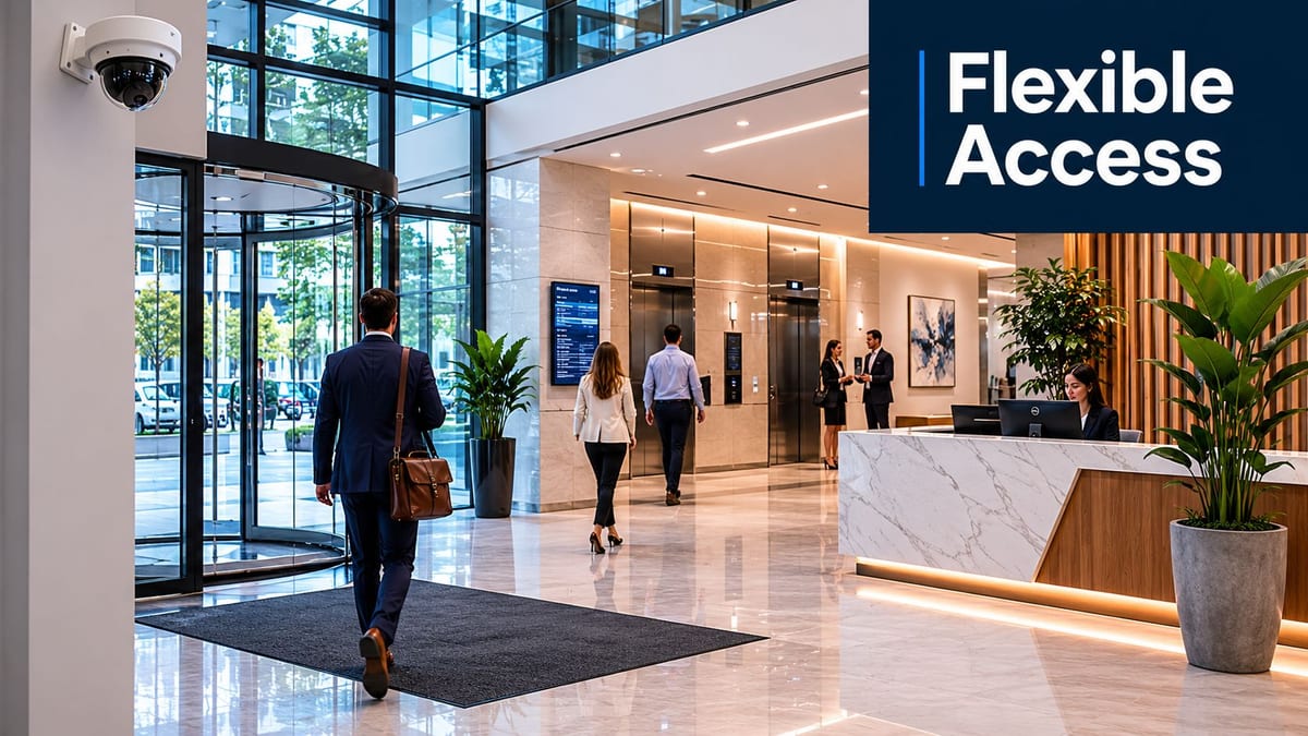 A professional business person walking into a modern office lobby with a reception desk and elevators.