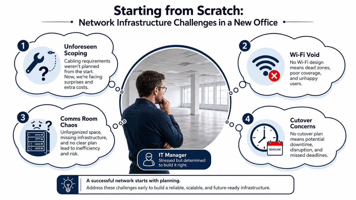 An IT manager looking at an empty office space, visualizing common network infrastructure planning and connectivity challenges.