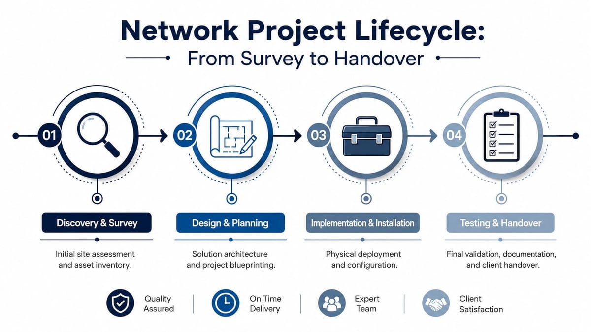 A diagram illustrating the four steps of a network project lifecycle from survey to handover.