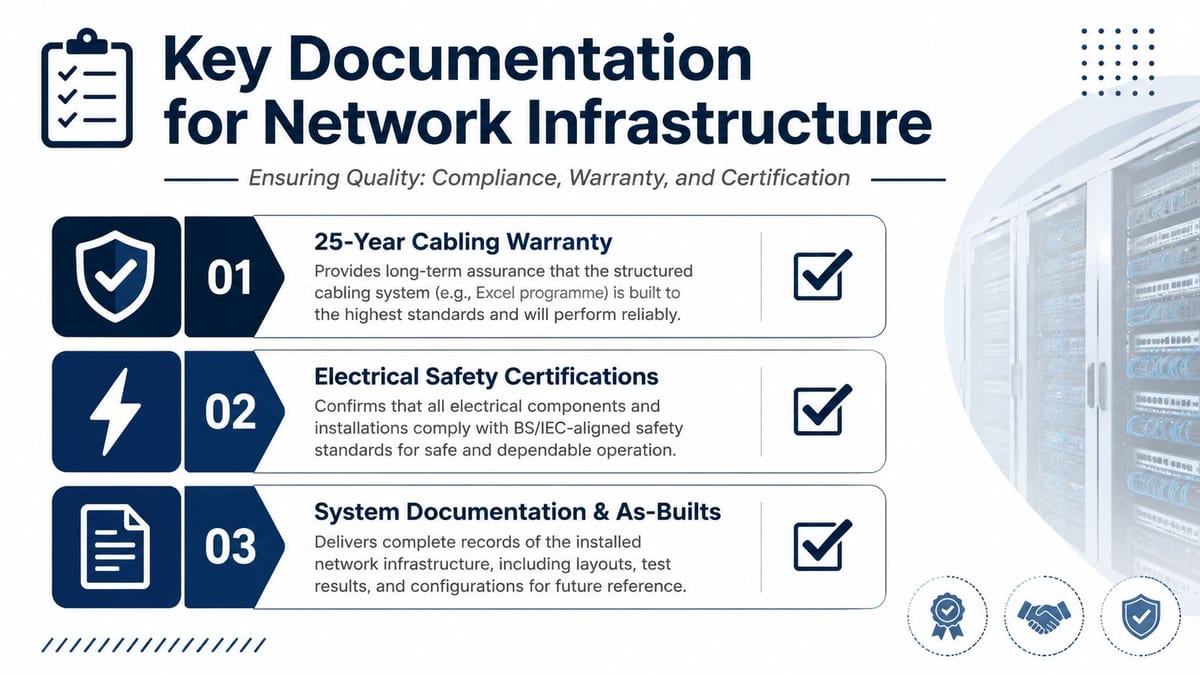 An infographic titled Key Documentation for Network Infrastructure detailing cabling warranty, electrical safety, and system as-builts.