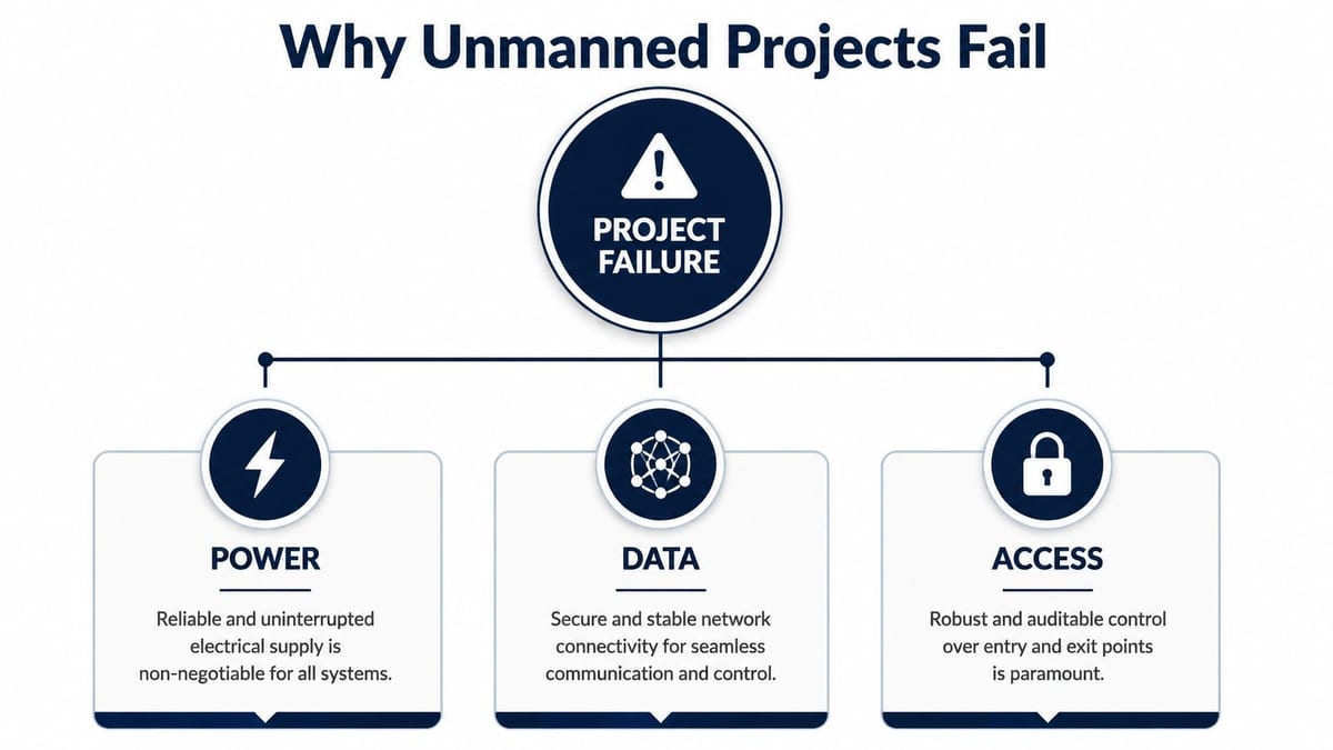 A diagram titled Why Unmanned Projects Fail, showing Power, Data, and Access as critical factors for success.