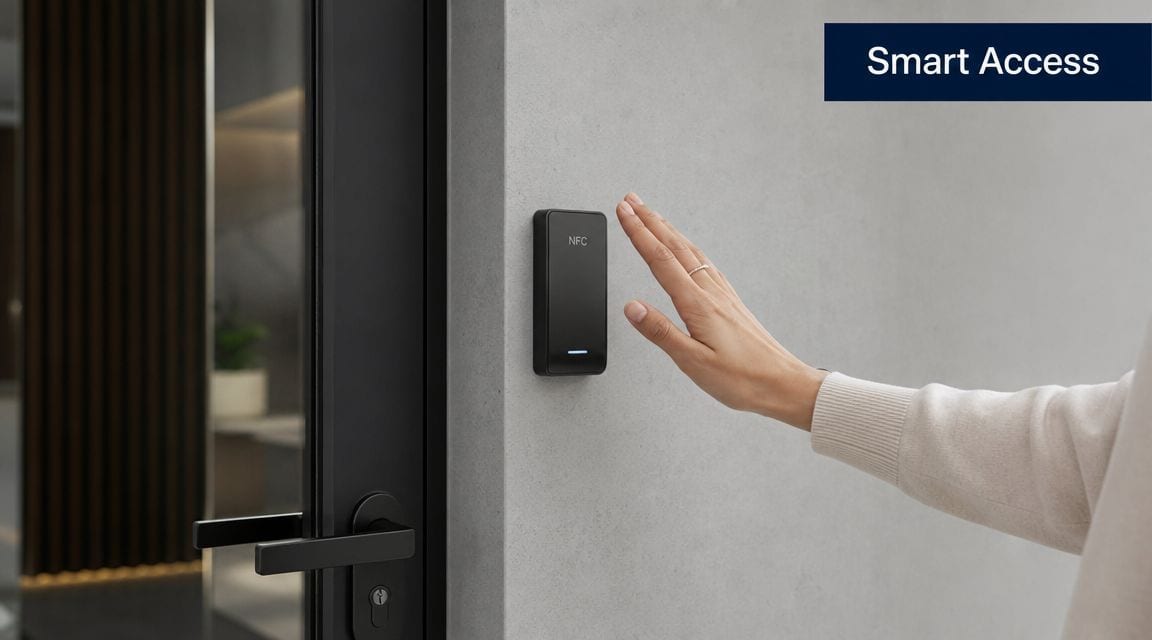 A person using an NFC smart access panel on a wall to unlock a modern office door.