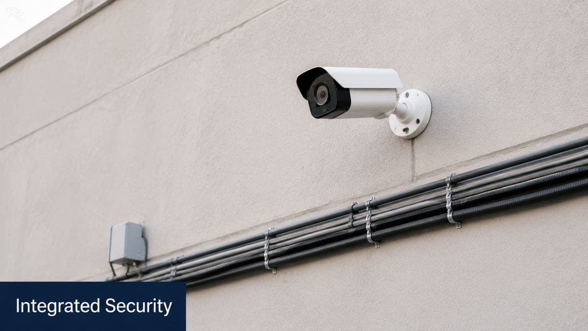 A modern security camera mounted on a beige wall with visible electrical conduits running underneath it.