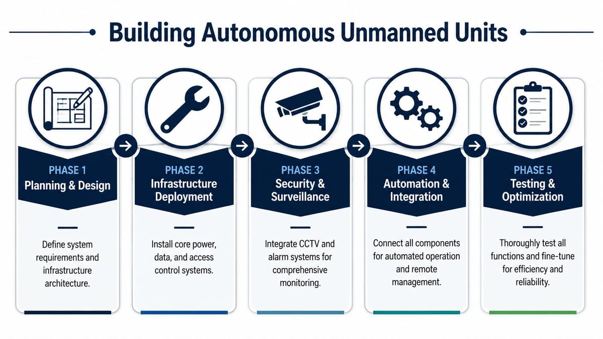 A flowchart detailing the five phases for building autonomous unmanned units from planning to final testing.