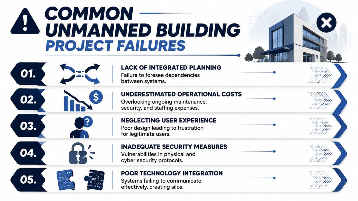 A list of five common project failures when building unmanned commercial buildings, including planning and security issues.