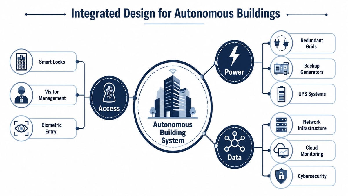 A diagram illustrating an integrated design for autonomous building systems including access, power, and data components.