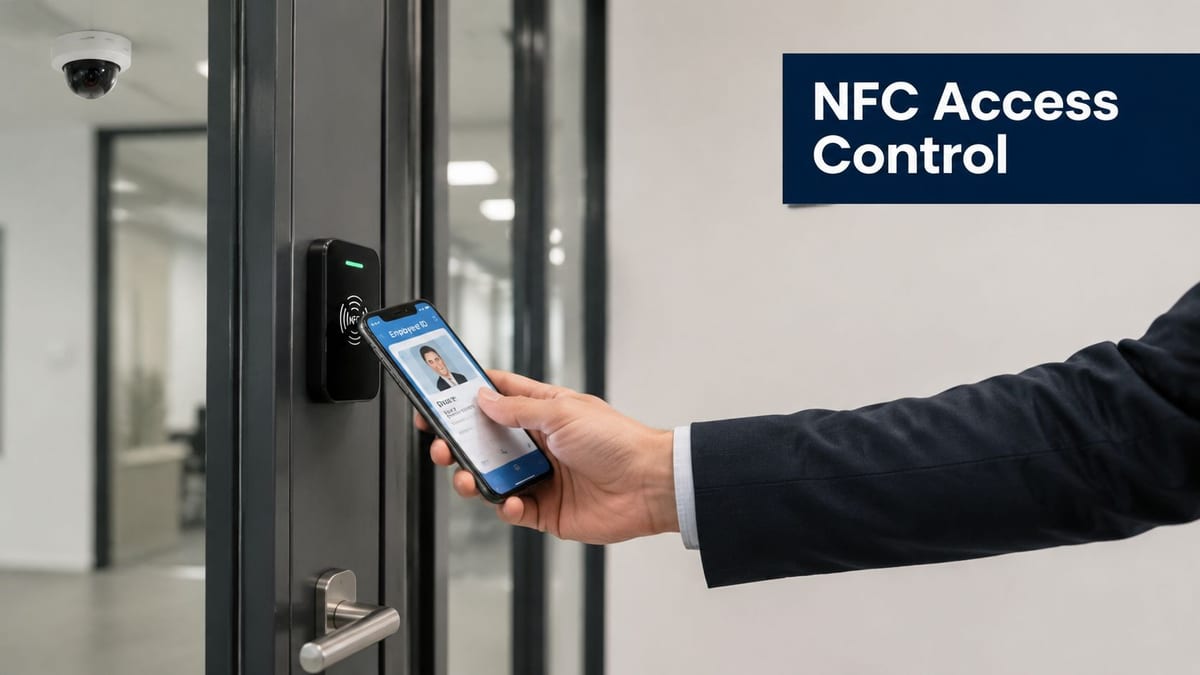 A professional using a mobile phone to access a secure office door via an NFC reader.