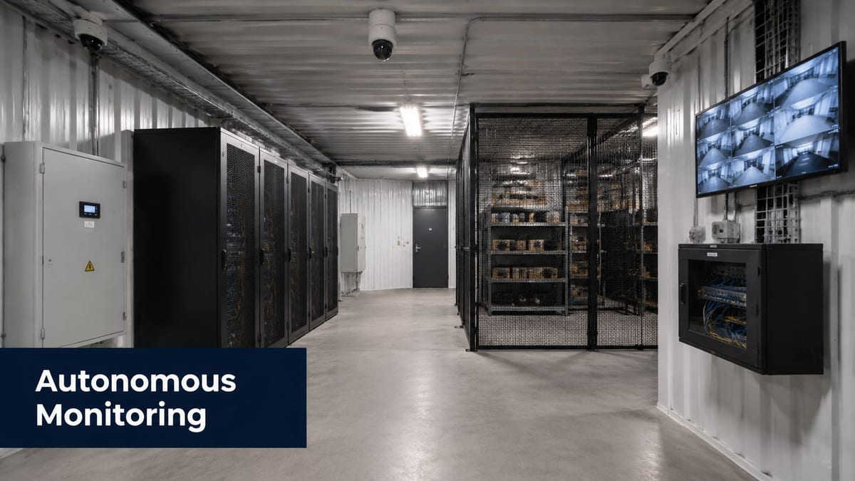 A secure server room container facility featuring rows of server racks, caged storage, and monitoring surveillance displays.