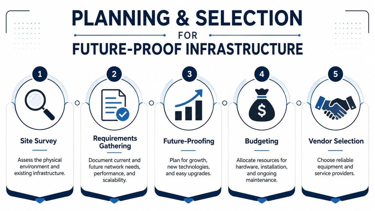 A five-step infographic for planning and selecting future-proof infrastructure, including site survey, requirements gathering, and vendor selection.