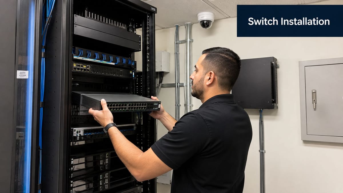 A technician installing a network switch into a server rack within a data center environment.