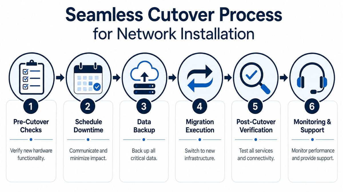 A diagram illustrating the six-step seamless cutover process for network installation projects, from checks to support.