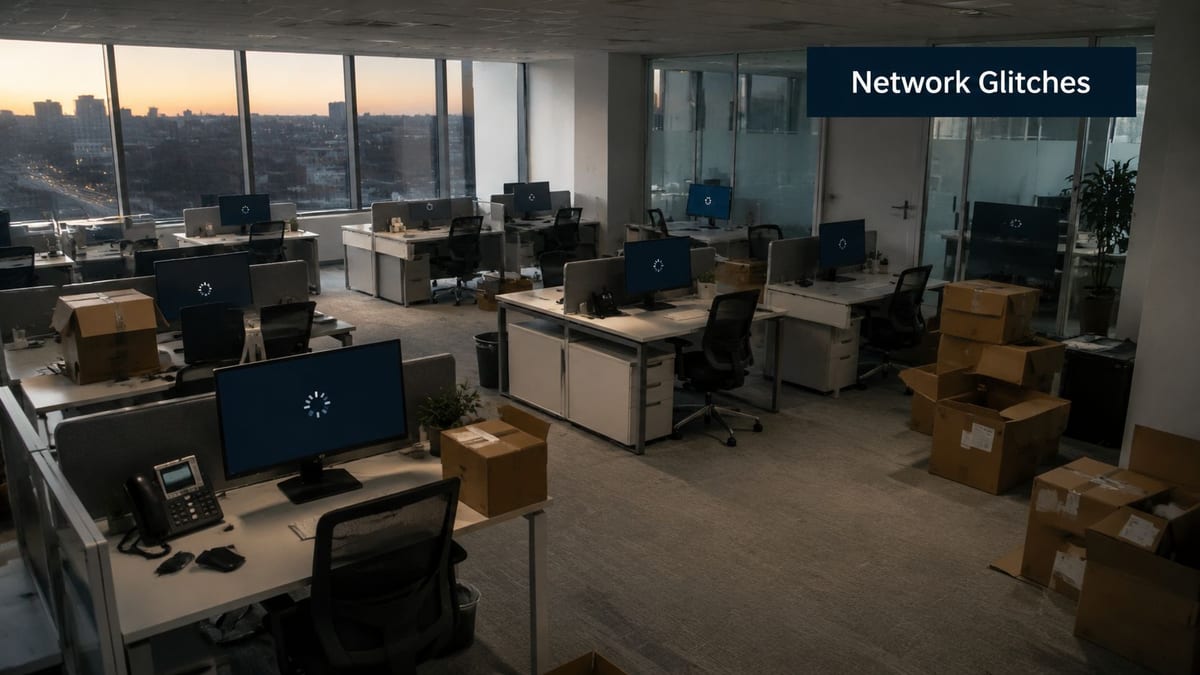 A modern, dimly lit office space featuring multiple workstations with computer screens showing loading spinning icons.